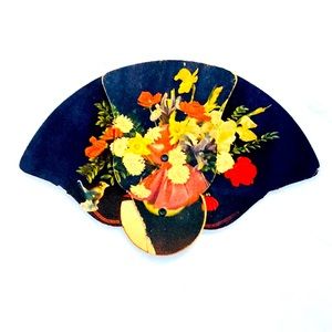 Vintage Black and Floral Fold Out Fan